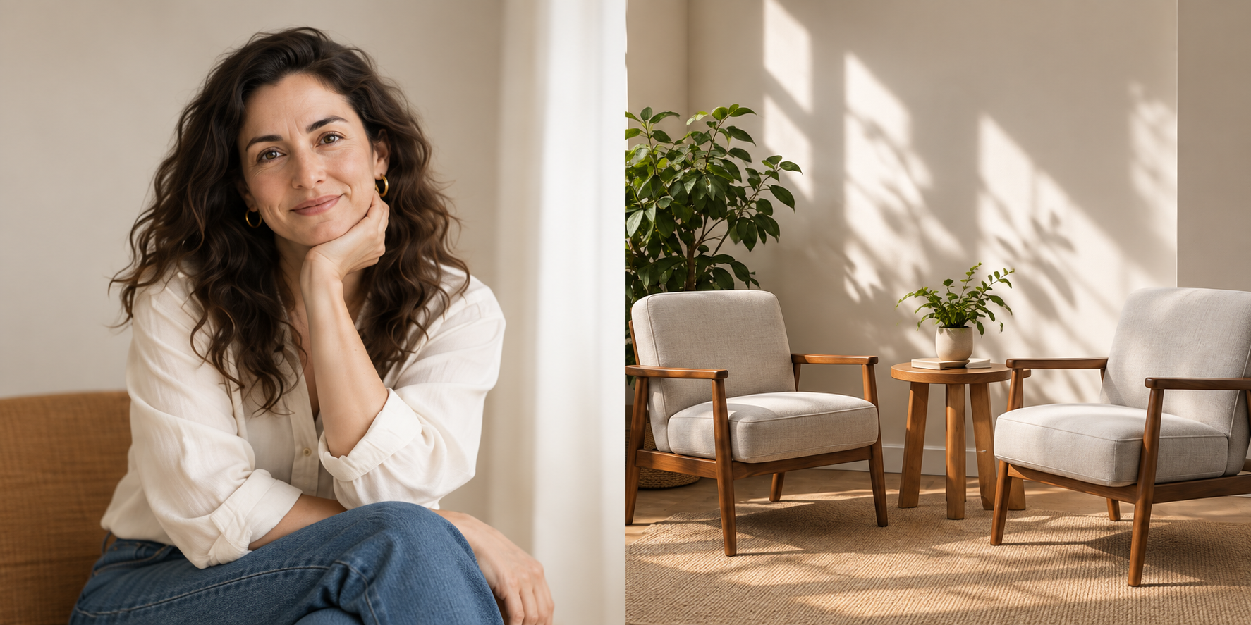 Lila, smiling warmly in a relaxed studio portrait